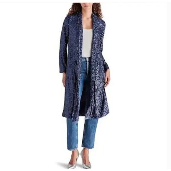 Steve Madden Showstopper Sequin Duster Jacket L NWT Blue Jacket Coat Glam Long - Picture 1 of 8